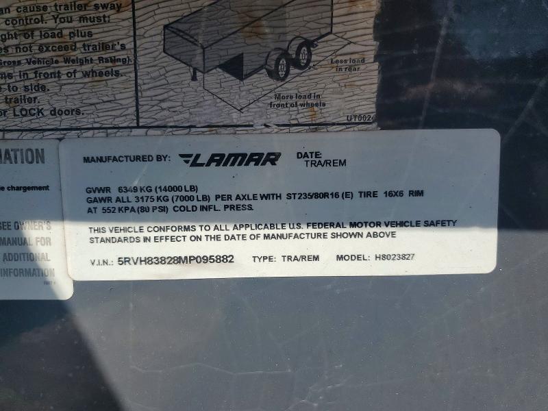 2021 Lamar Unknown VIN 5RVH83828MP095882 COPART salvage auction — REAR END, TN - CERTIFICATE OF TITLE (P), sold $4,550 on 2026-09-22 (photo 8)
