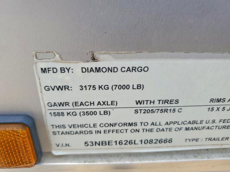 2020 Diamond cargo Trailer VIN 53NBE1626L1082666 COPART salvage auction — MINOR DENT/SCRATCHES, GA - CERTIFICATE OF TITLE, sold $1,800 on 2026-09-10 (photo 9)
