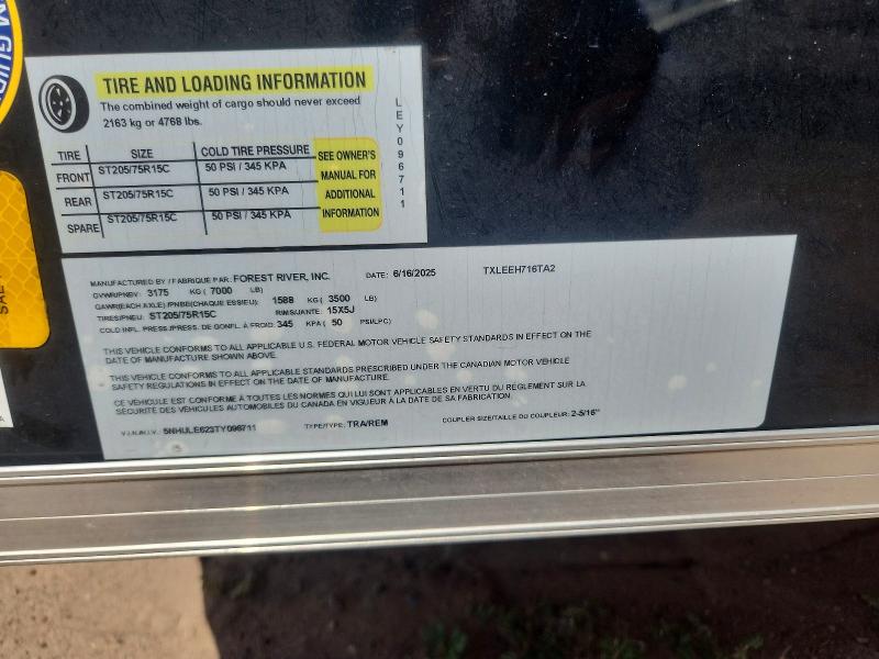 2025 Forest river Cargo VIN 5NHULE623TY096711 COPART salvage auction — ROOF, TX - CERTIFICATE OF TITLE, sold $1,900 on 2026-10-01 (photo 9)
