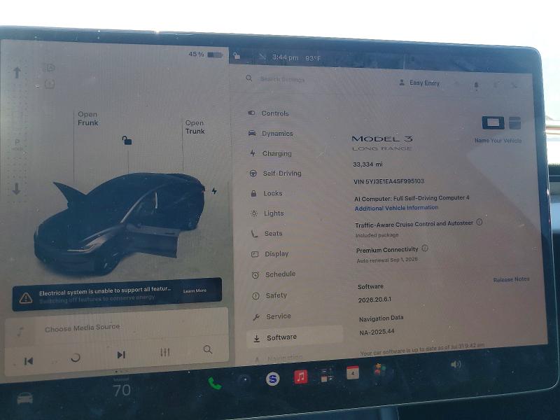 2025 Tesla Model 3 VIN 5YJ3E1EA4SF995103 COPART salvage auction — FRONT END, Ca - Salvage Certificate, sold $9,400 on 2026-09-01 (photo 9)