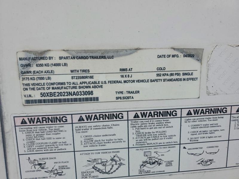 2022 Spartan cargo Sp8 VIN 50XBE2023NA033098 COPART salvage auction — NORMAL WEAR, TN - CERTIFICATE OF TITLE (P), sold $1,550 on 2026-10-06 (photo 8)
