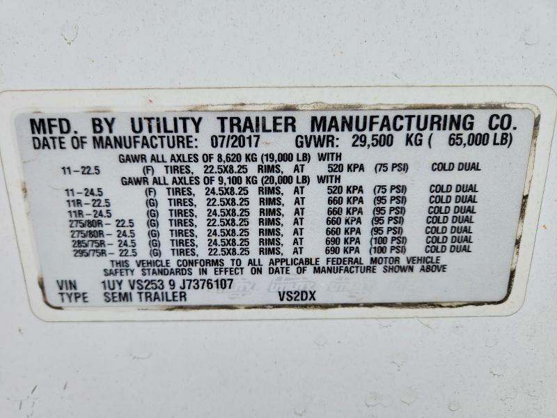 2018 Utility Vs2dx VIN 1UYVS2539J7376107 COPART salvage auction — UNDERCARRIAGE, AZ - CERT OF TITLE - SALVAGE, sold $250 on 2026-09-10 (photo 8)