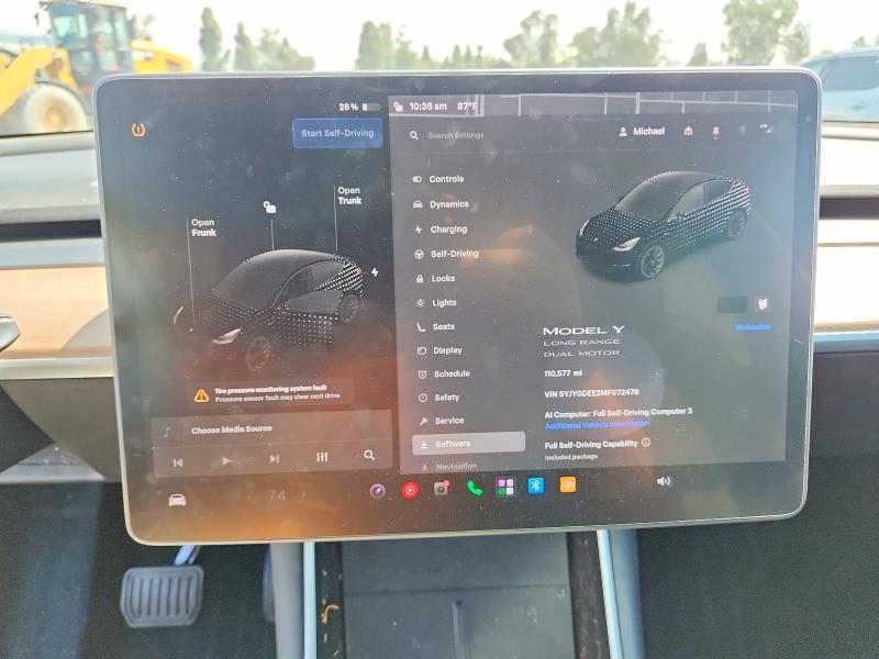 2021 Tesla Model y VIN 5YJYGDEE2MF072478 COPART salvage auction — FRONT END, Ca - Salvage Certificate, sold $7,100 on 2026-08-27 (photo 9)