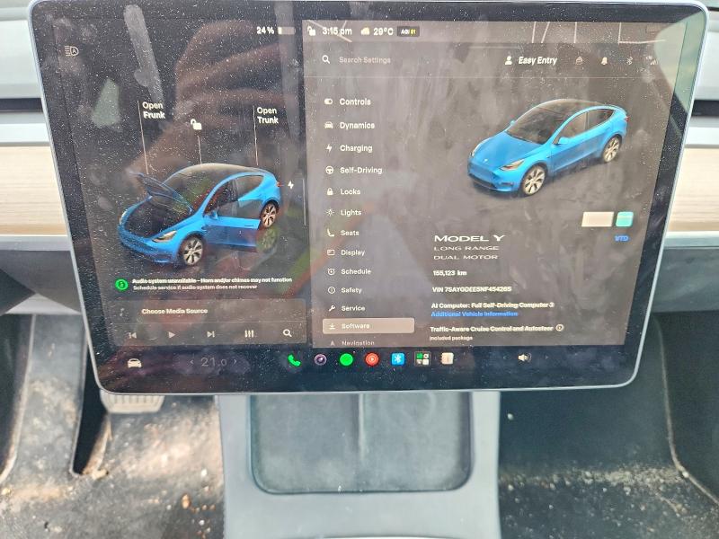 2022 Tesla Mdl y VIN 7SAYGDEE5NF454265 COPART salvage auction — FRONT END, ON - PERMIT NO BRAND - UNFIT, sold $16,800 on 2026-09-03 (photo 9)