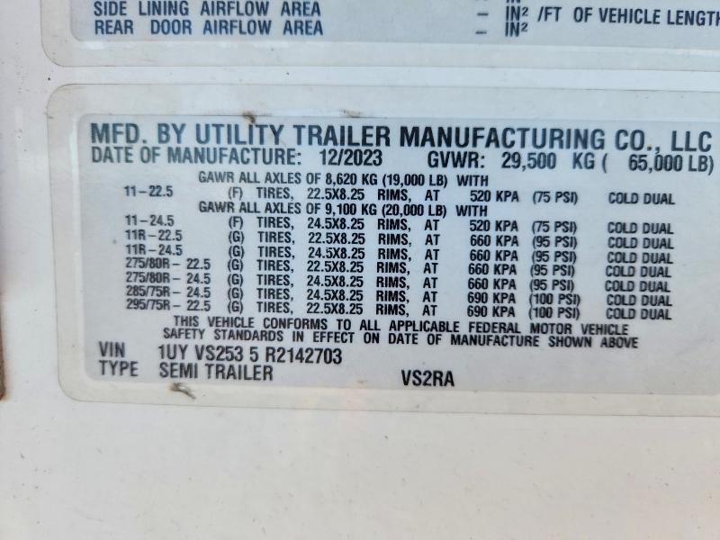 2024 Utility Vs2ra VIN 1UYVS2535R2142703 COPART salvage auction — ROOF, NE - CERT OF TITLE-SALVAGE, sold $19,200 on 2026-08-27 (photo 9)