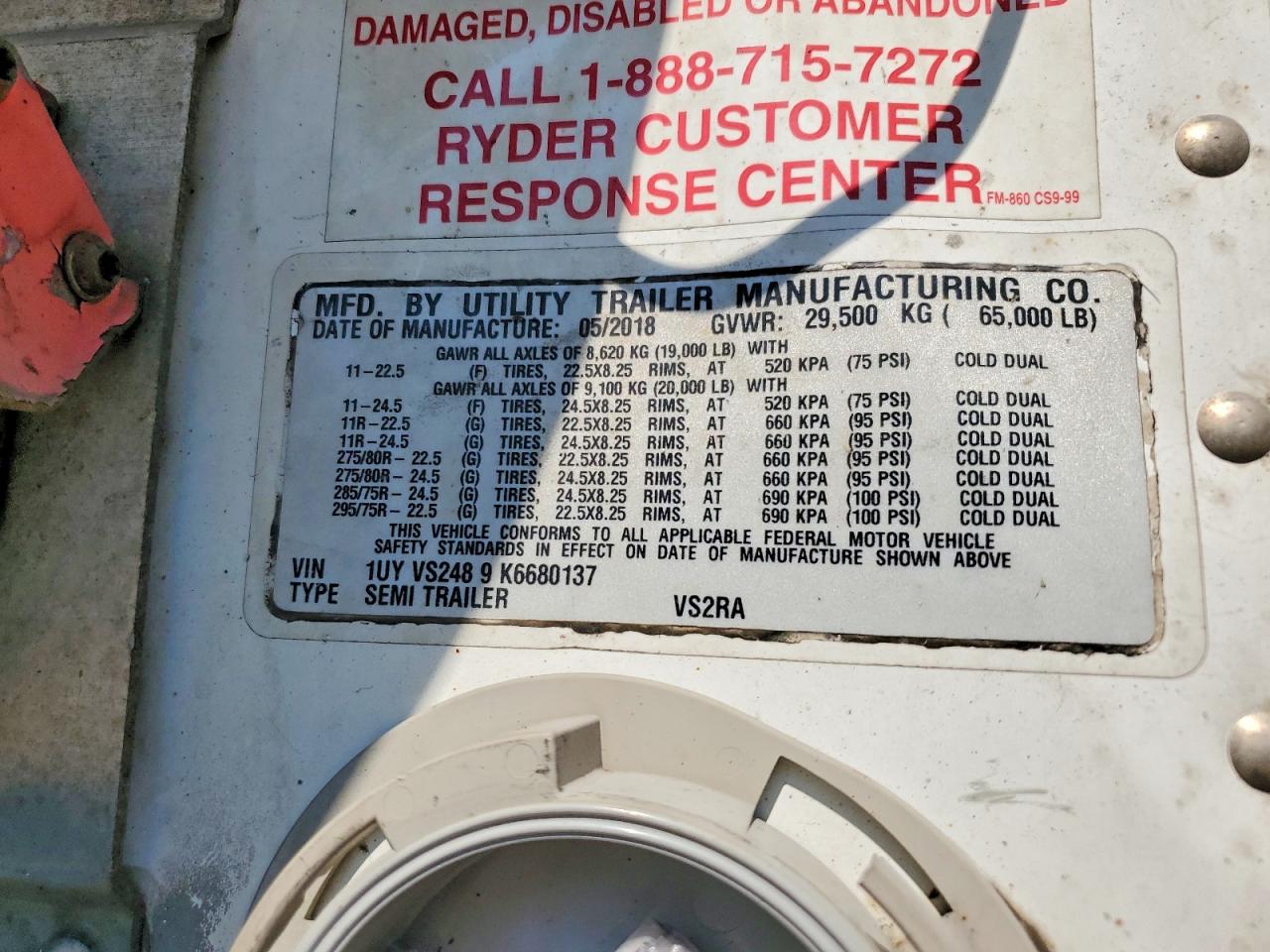 2019 Utility Vs2ra VIN 1UYVS2489K6680137 COPART salvage auction — Top/Roof, IN - CERTIFICATE OF TITLE (P), sold $1,900 on 2026-09-11 (photo 9)