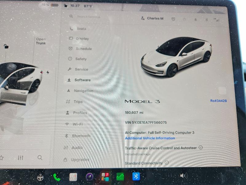 2023 Tesla Model 3 VIN 5YJ3E1EA7PF566075 COPART salvage auction — SIDE, Md - Certificate Of Title, sold $10,600 on 2026-09-03 (photo 9)