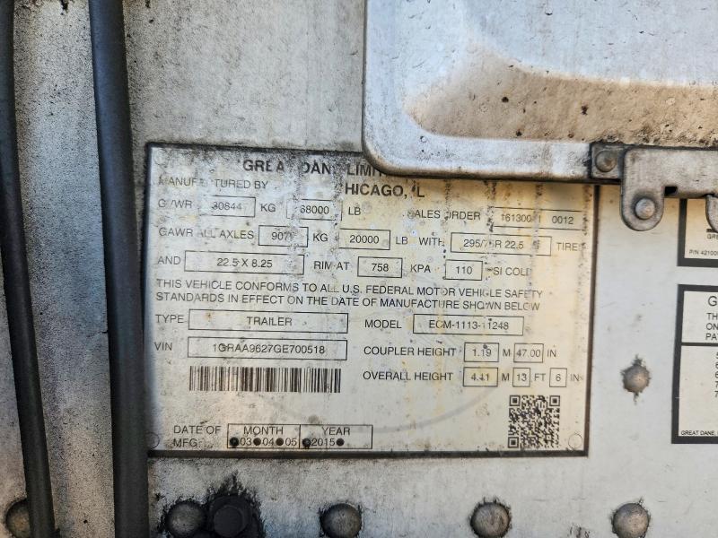 2016 Great dane trailers VIN 1GRAA9627GE700518 COPART salvage auction — ROOF, CT, sold $1,150 on 2026-09-08 (photo 8)