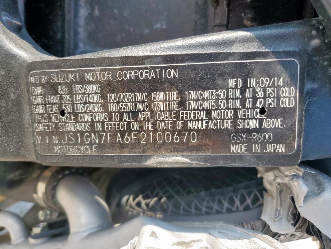 2015 Suzuki Gsx-r600 VIN JS1GN7FA6F2100670 COPART salvage auction — FRONT END, Tx - Salvage Vehicle Title, sold $575 on 2026-07-02 (photo 9)