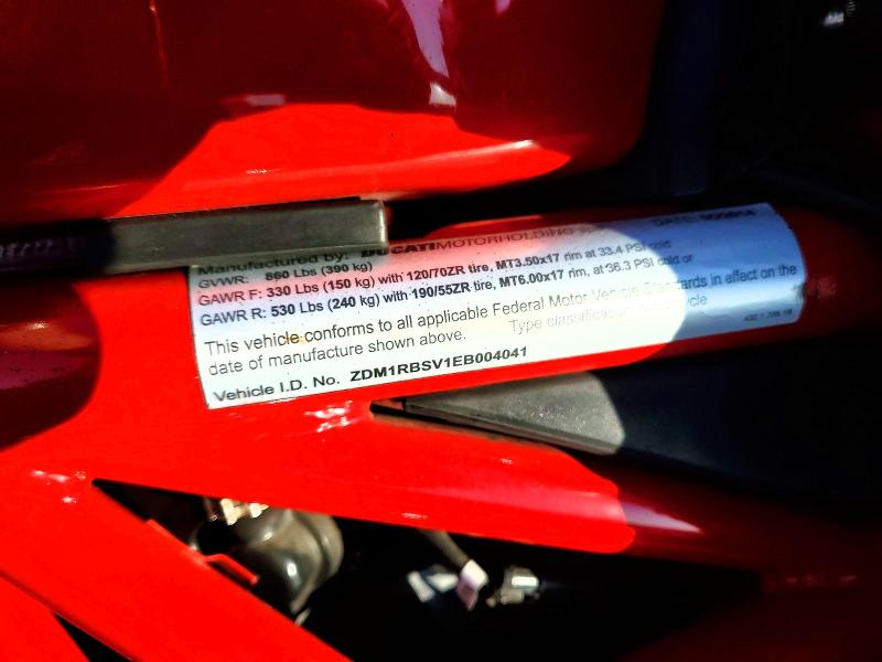 2014 Ducati Monster VIN ZDM1RBSV1EB004041 COPART salvage auction — SIDE, CA - SALVAGE CERTIFICATE, sold $1,600 on 2026-09-17 (photo 9)