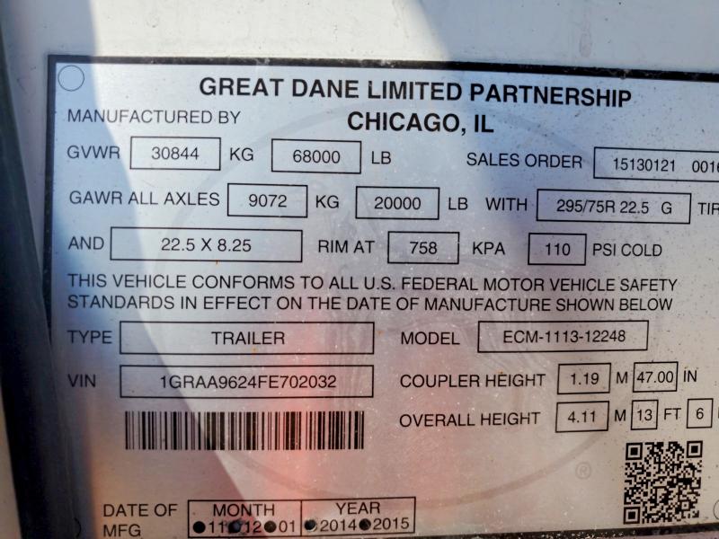 2015 Great dane trailers VIN 1GRAA9624FE702032 COPART salvage auction — FRONT END, OK - CERTIFICATE OF TITLE (P), sold $1,400 on 2026-09-22 (photo 8)