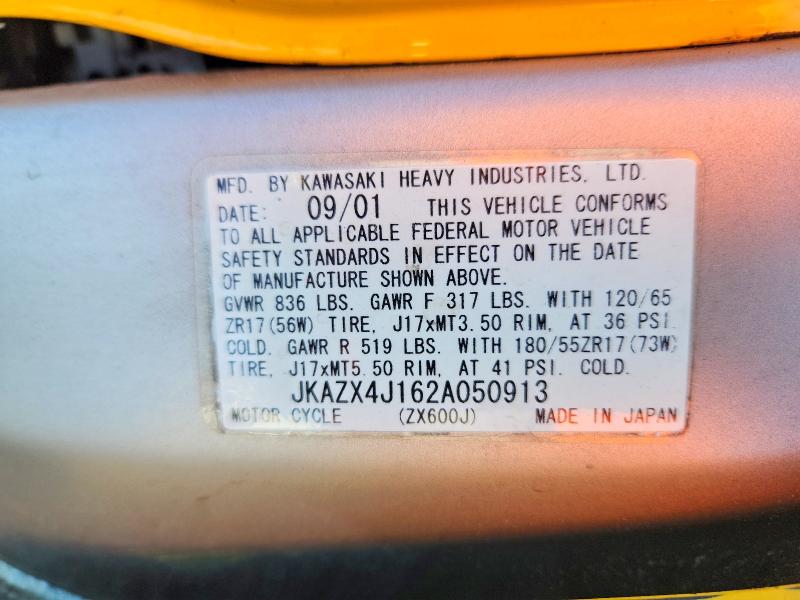 2002 Kawasaki ZX600 VIN JKAZX4J162A050913 COPART salvage auction — MECHANICAL, Ca - Dis/Dlr/Exp Only Clean Title, sold $10 on 2026-09-21 (photo 9)