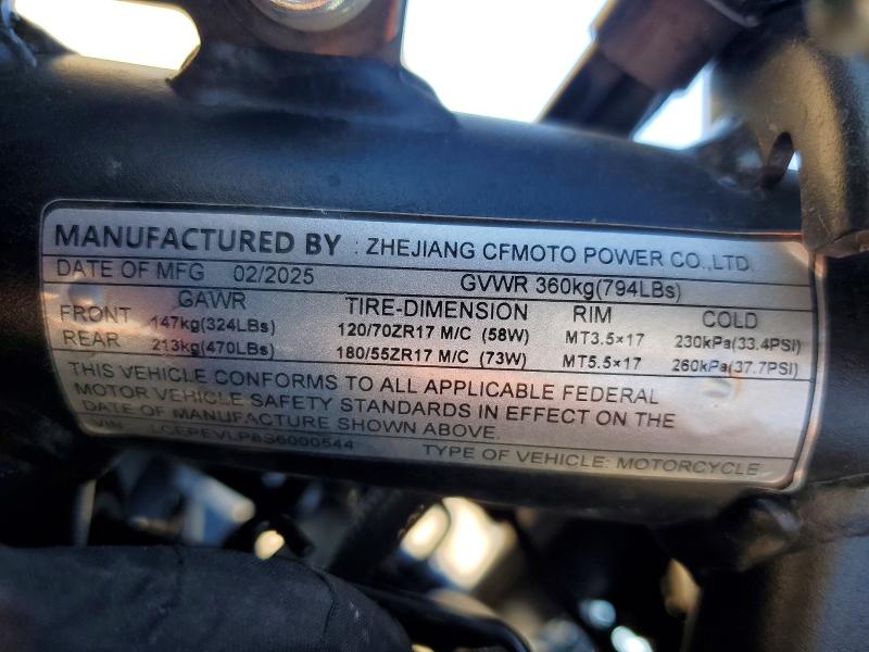 2025 Cf moto 675ss VIN LCEPEVLP8S6000544 COPART salvage auction — FRONT END, CA - SALVAGE CERTIFICATE, sold $1,050 on 2026-10-15 (photo 9)