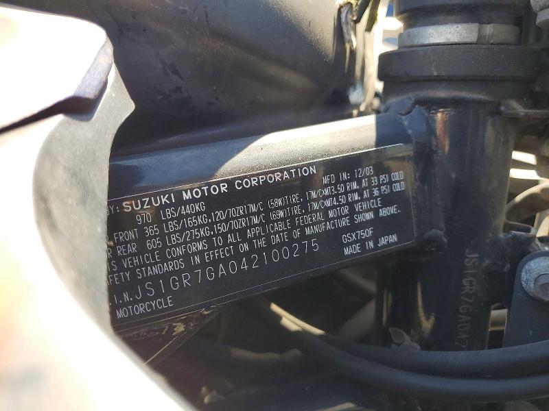 2004 Suzuki Gsx750 VIN JS1GR7GA042100275 COPART salvage auction — MECHANICAL, CA - DIS/DLR/EXP ONLY CLEAN TITLE, sold $225 on 2026-09-24 (photo 9)