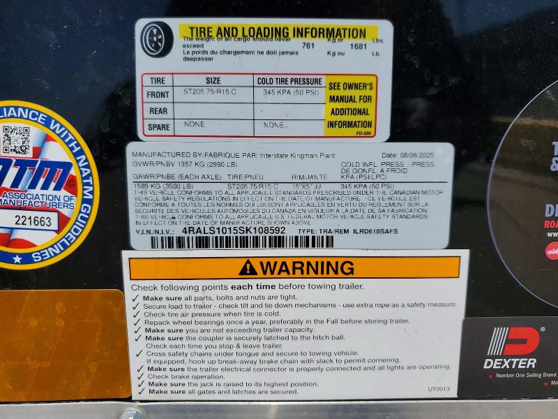 2025 Interstate Unknown VIN 4RALS1015SK108592 COPART salvage auction — MINOR DENT/SCRATCHES, TN - DIS/DLR/EXP ONLY CLEAN TITLE (P), sold $4,250 on 2026-09-23 (photo 9)