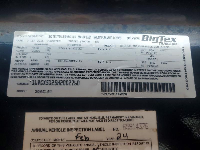 2017 Big tex 20' car ha VIN 16VGX5125H2002760 COPART salvage auction — NORMAL WEAR, GA - CERTIFICATE OF TITLE, sold $1,250 on 2026-10-06 (photo 8)