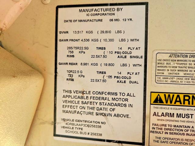 2013 Ic VIN 4DRBUAAP3DB258338 COPART salvage auction — MINOR DENT/SCRATCHES, Mo - Certificate Of Title, sold $800 on 2026-09-22 (photo 9)
