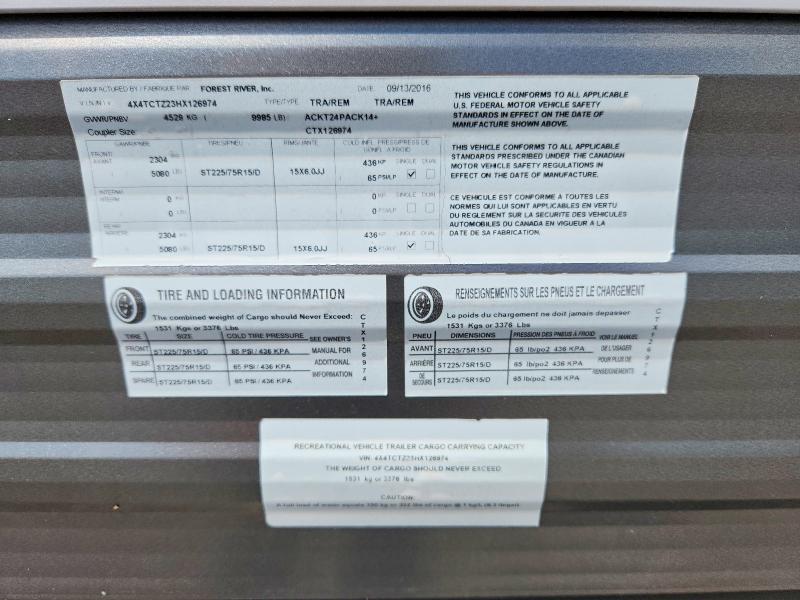 2017 Forester River Recreational Vehicle (rv) VIN 4X4TCTZ23HX126974 COPART salvage auction — NORMAL WEAR, AR - CERT OF TITLE-REBUILT, sold $7,500 on 2026-09-18 (photo 9)