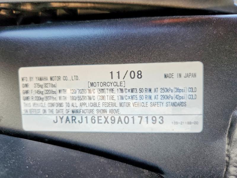 2009 Yamaha Yzfr6 VIN JYARJ16EX9A017193 COPART salvage auction — SIDE, CO - PUBLIC - SALVAGE TITLE, sold $2,850 on 2026-09-30 (photo 9)