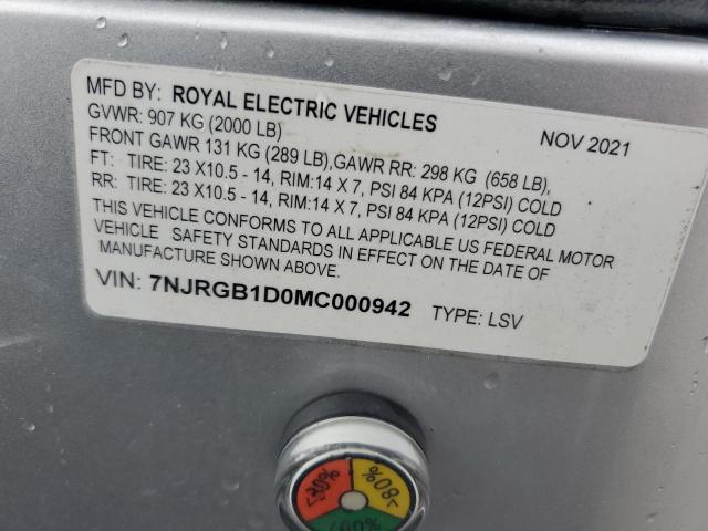 2021 Othr Golf cart VIN 7NJRGB1D0MC000942 COPART salvage auction — WATER/FLOOD, NJ - CERT OF TITLE-SALVAGE FLOOD, sold $425 on 2026-07-09 (photo 9)