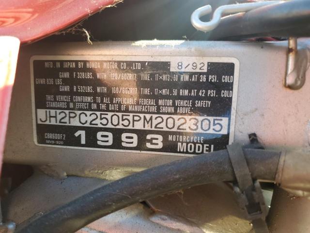 1993 Honda Cbr600 VIN JH2PC2505PM202305 COPART salvage auction — SIDE, Pa - Certificate Of Salvage, sold $350 on 2026-07-08 (photo 9)