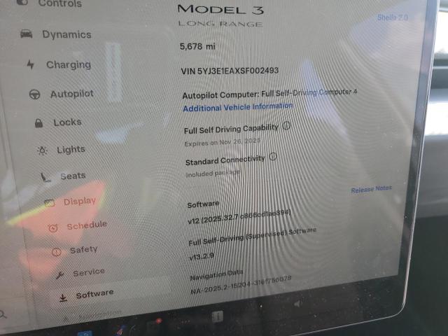 2025 Tesla Model 3 VIN 5YJ3E1EAXSF002493 COPART salvage auction — REAR END, CA - SALVAGE CERTIFICATE, sold $12,900 on 2026-07-31 (photo 9)
