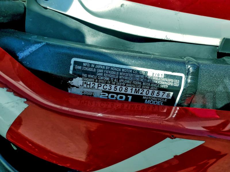 2001 Honda Cbr600 VIN JH2PC35081M208578 COPART salvage auction — ALL OVER, Ca - Salvage Certificate, sold $200 on 2026-07-08 (photo 9)