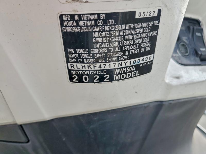 2022 Honda Pcx VIN RLHKF4717NY100490 COPART salvage auction — FRONT END, Ca - Non-Repairable Vehicle Cert, sold $400 on 2026-07-16 (photo 9)