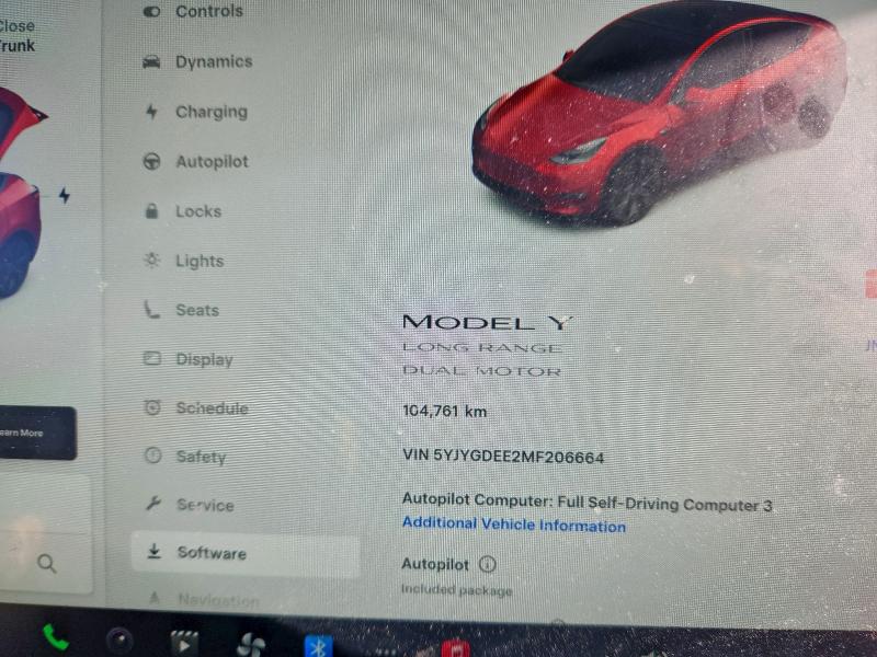 2021 Tesla Model y VIN 5YJYGDEE2MF206664 COPART salvage auction — SIDE, ON - PERMIT SALVAGE, sold $7,100 on 2026-08-18 (photo 9)