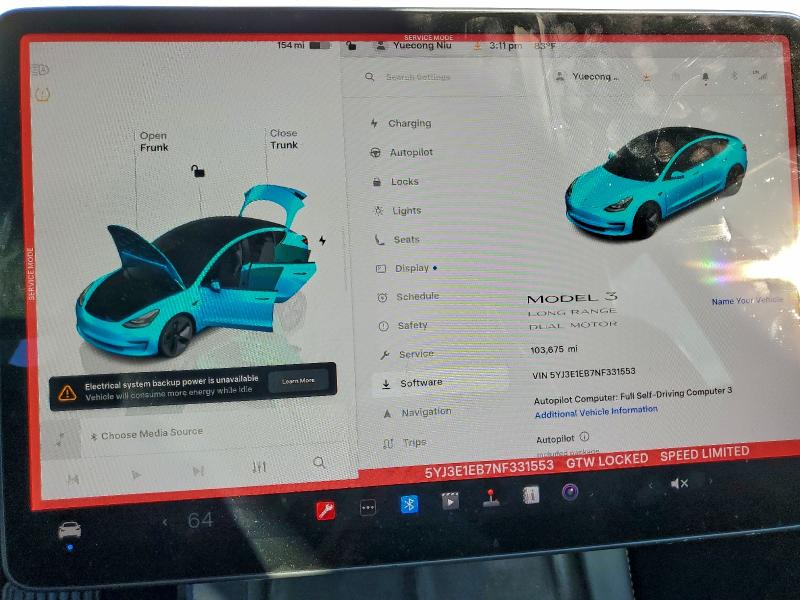 2022 Tesla Model 3 VIN 5YJ3E1EB7NF331553 COPART salvage auction — MECHANICAL, Ca - Salvage Certificate, sold $5,600 on 2026-07-14 (photo 9)