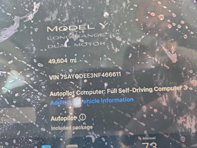 2022 Tesla Model y VIN 7SAYGDEE3NF466611 COPART salvage auction — SIDE, Co - Salvage Title, sold $4,750 on 2026-07-29 (photo 9)