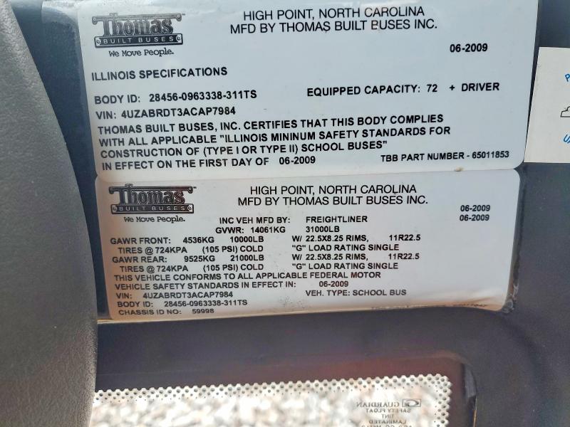 2010 Thomabuses Bus VIN 4UZABRDT3ACAP7984 COPART salvage auction — NORMAL WEAR, CT, sold $2,000 on 2026-07-28 (photo 9)