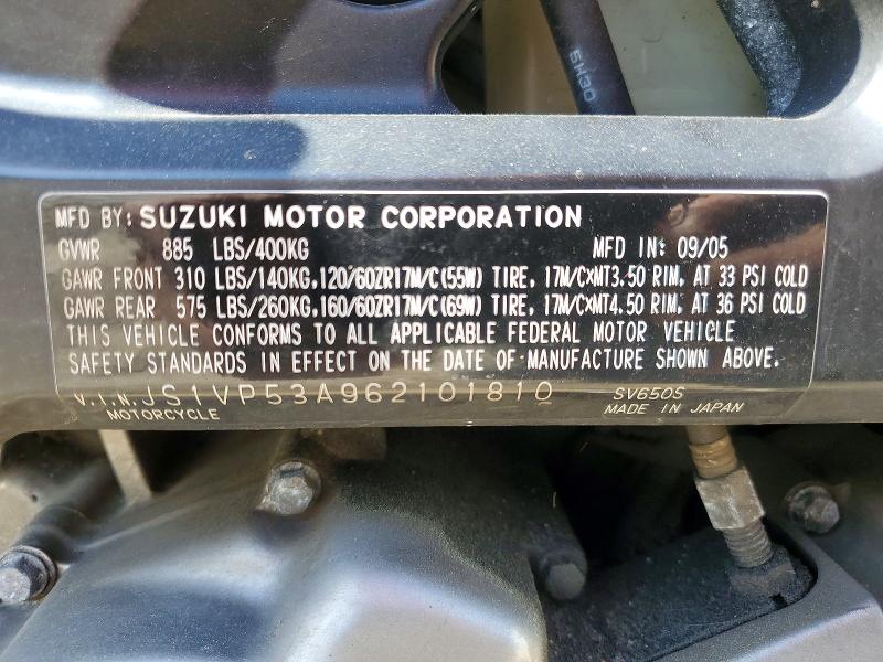 2006 Suzuki Sv650 VIN JS1VP53A962101810 COPART salvage auction — FRONT END, Id - Salvage Certificate Of Title, sold $300 on 2026-07-16 (photo 8)