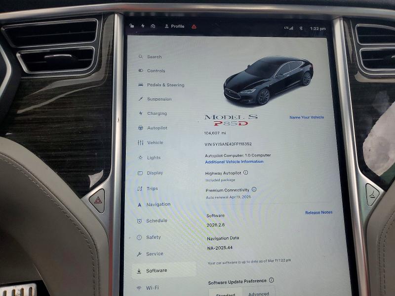 2015 Tesla Model s VIN 5YJSA1E43FF118352 COPART salvage auction — FRONT END, Pa - Certificate Of Salvage, sold $3,450 on 2026-07-09 (photo 9)