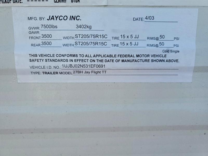 2003 Jayco Rv trailer VIN 1UJBJ02N531EF0691 COPART salvage auction — ALL OVER, FL - CERTIFICATE OF DESTRUCTION, sold $750 on 2026-08-25 (photo 9)
