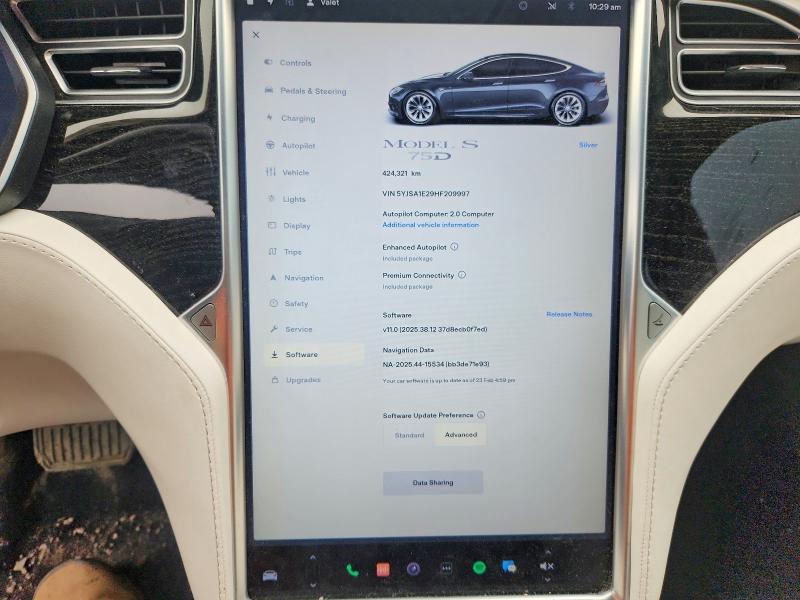 2017 Tesla Model s VIN 5YJSA1E29HF209997 COPART salvage auction — FRONT END, Qc - Gravement Accidente, sold $5,400 on 2026-07-14 (photo 9)