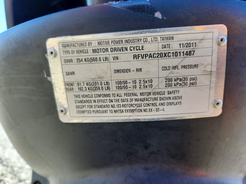 2012 Genuine scooter co. Scooter VIN RFVPAC20XC1011487 COPART salvage auction — FRONT END, CA - SALVAGE CERTIFICATE, sold $10 on 2026-07-23 (photo 8)