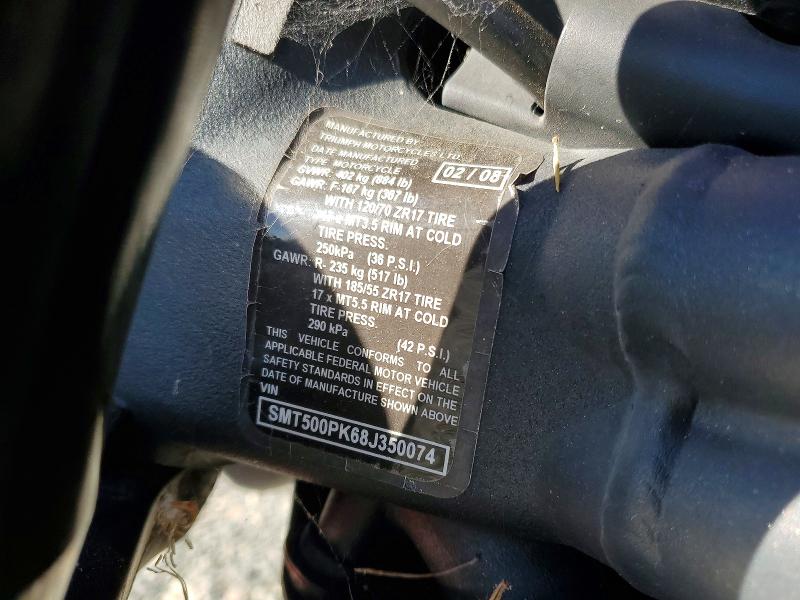 2008 Triumph motorcycle Speedtripl VIN SMT500PK68J350074 COPART salvage auction — REAR END, CA - SALVAGE CERTIFICATE, sold $375 on 2026-07-02 (photo 9)