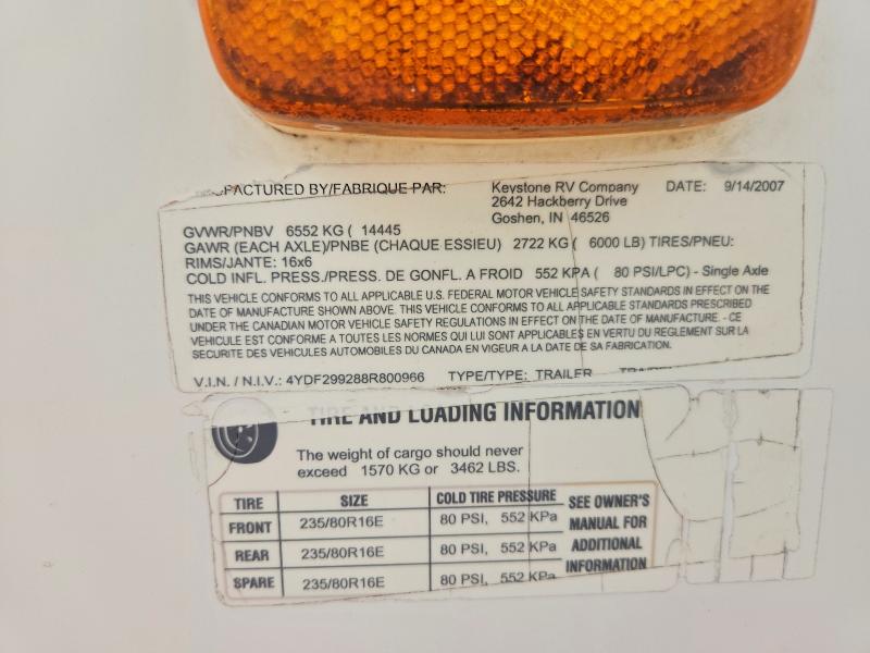 2008 Keystone Raptor rp3 VIN 4YDF299288R800966 COPART salvage auction — NORMAL WEAR, TX - CERT OF TITLE-REBUILT SALVAGE, sold $375 on 2026-07-09 (photo 9)