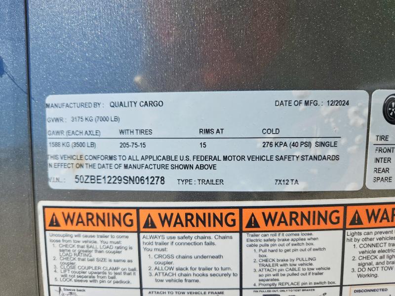 2025 Quality cargo Unknown VIN 50ZBE1229SN061278 COPART salvage auction — NORMAL WEAR, TN - CERTIFICATE OF TITLE (P), sold $3,800 on 2026-07-27 (photo 8)