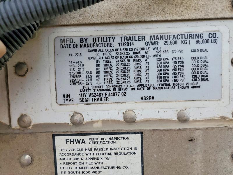 2015 Utility trailer Vsra reefe VIN 1UYVS2487FU407702 COPART salvage auction — FRONT END, DV, sold $50 on 2026-07-28 (photo 9)