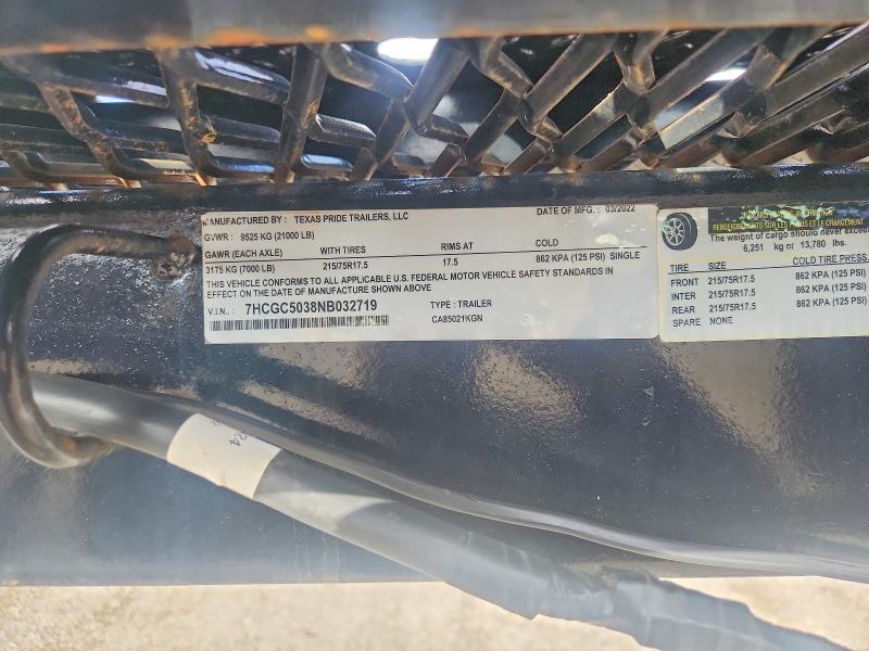 2022 Texas pride VIN 7HCGC5038NB032719 COPART salvage auction — NORMAL WEAR, TX - CERTIFICATE OF TITLE, sold $4,050 on 2026-07-31 (photo 8)