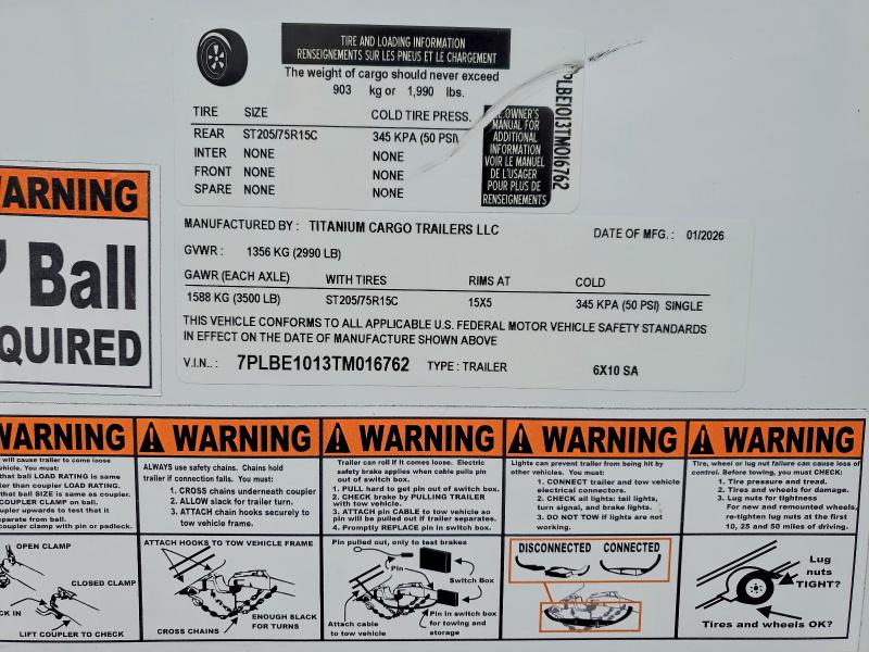 2026 Titanium cargo Trailers VIN 7PLBE1013TM016762 COPART salvage auction — MINOR DENT/SCRATCHES, TN - CERTIFICATE OF TITLE (P), sold $1,200 on 2026-08-25 (photo 9)