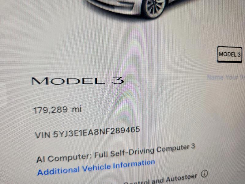 2022 Tesla Model 3 VIN 5YJ3E1EA8NF289465 COPART salvage auction — FRONT END, Tx - Certificate Of Title, sold $5,900 on 2026-08-03 (photo 9)