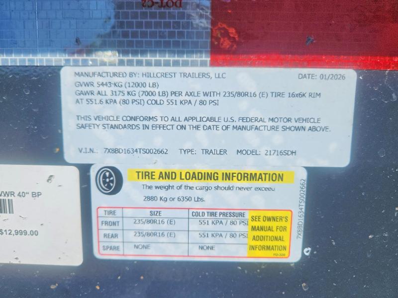 2026 Hillcrest Unknown VIN 7X8BD1634TS002662 COPART salvage auction — NORMAL WEAR, TN - CERTIFICATE OF TITLE (P), sold $8,000 on 2026-07-22 (photo 8)