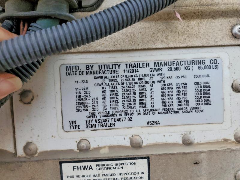 2015 Utility trailer Vsra reefe VIN 1UYVS2487FU407702 COPART salvage auction — FRONT END, DV, sold $50 on 2026-07-28 (photo 8)