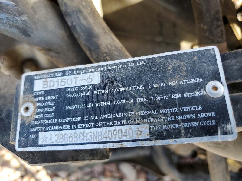 2022 Jiangsu Bd150t-6 VIN L2BB6BCH3NB409040 COPART salvage auction — FRONT END, CT, sold $200 on 2026-07-29 (photo 8)