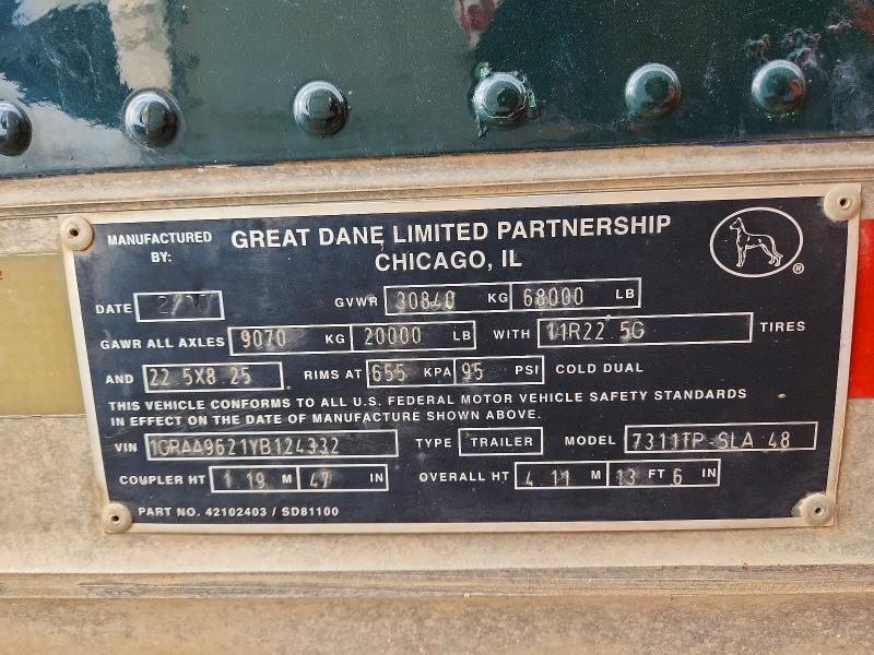 2000 Great dane Unknown VIN 1GRAA9621YB124332 COPART salvage auction — MINOR DENT/SCRATCHES, IL - CERTIFICATE OF TITLE, sold $1,100 on 2026-09-22 (photo 8)