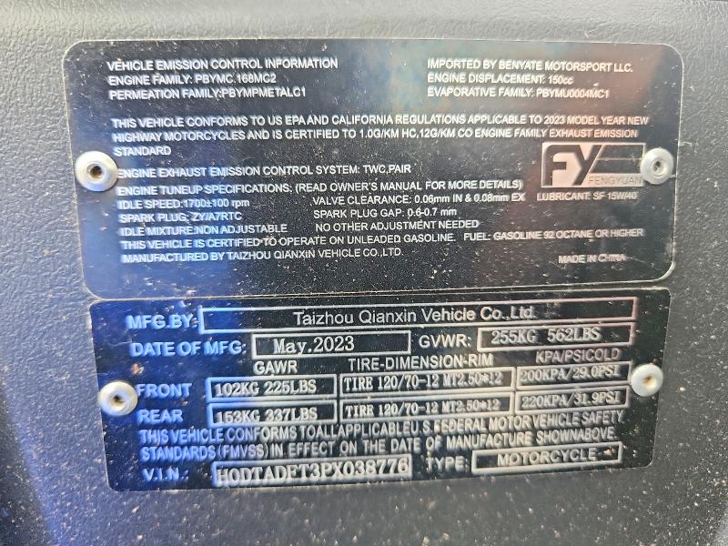 2023 Other Taizhous VIN H0DTADFT3PX038776 COPART salvage auction — REAR END, BS, sold $30 on 2026-07-16 (photo 9)