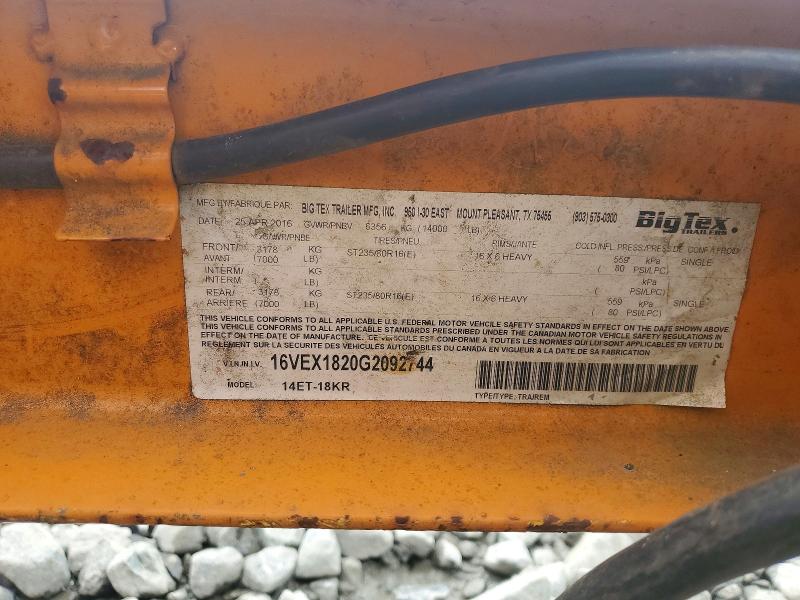 2016 Big tex . VIN 16VEX1820G2092744 COPART salvage auction — REAR END, CT, sold $625 on 2026-08-25 (photo 8)